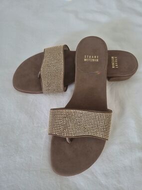 Stuart Weitzman Brown Suede Slide Sandals with Gold Studded Strap. Size 8.5.